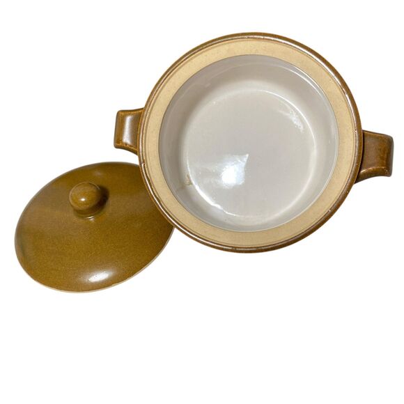 6 Vintage Mustard Brown Stoneware French Onion Soup Crocks Bowls Handles & Lids - Picture 4 of 8
